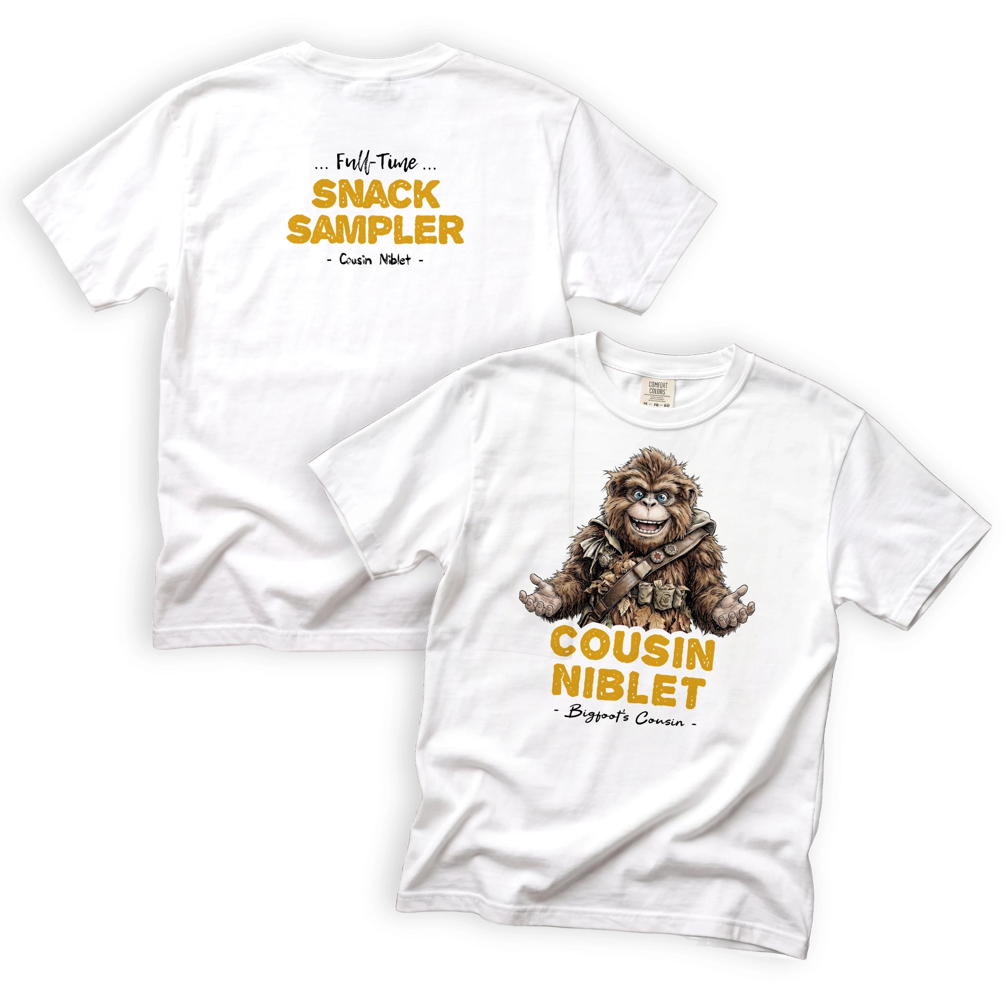 Cousin Niblet Full Time Snack Sampler T-Shirt Front and Back Design