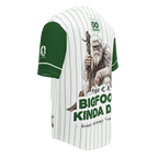 Baseball jersey with a Bigfoot graphic and text on a white background
