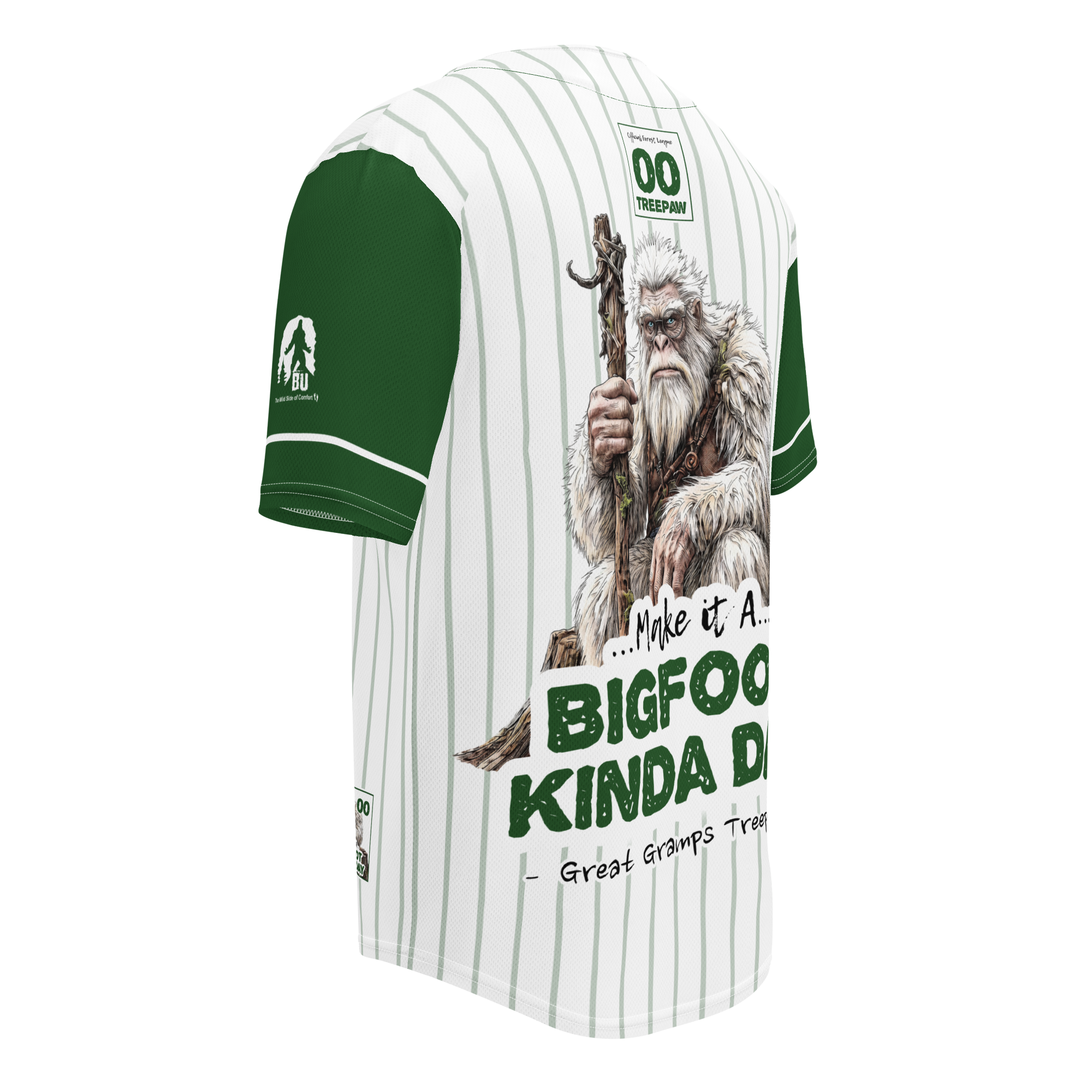Baseball jersey with a Bigfoot graphic and text on a white background
