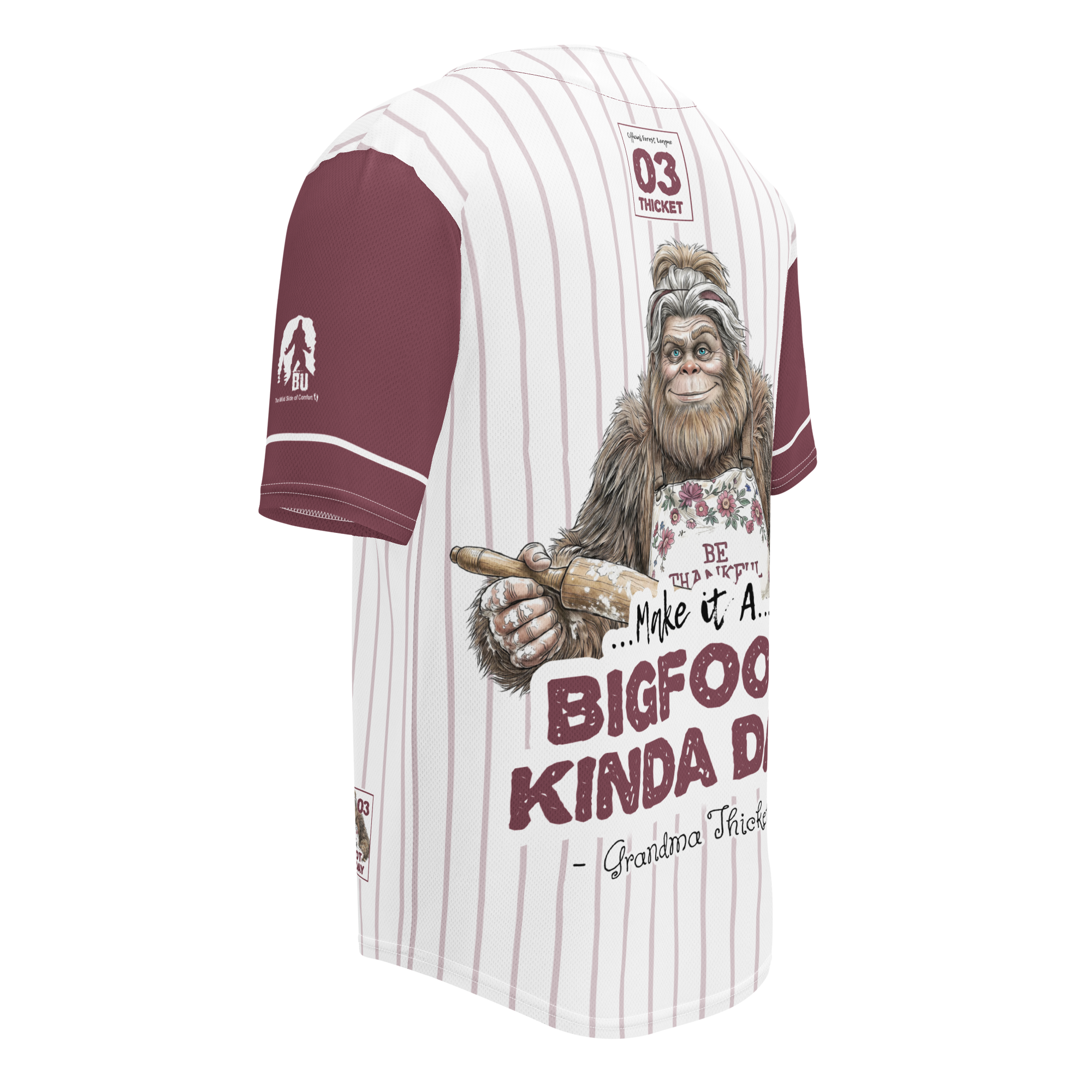 Baseball jersey with a cartoon Sasquatch holding a pie and text on a white background
