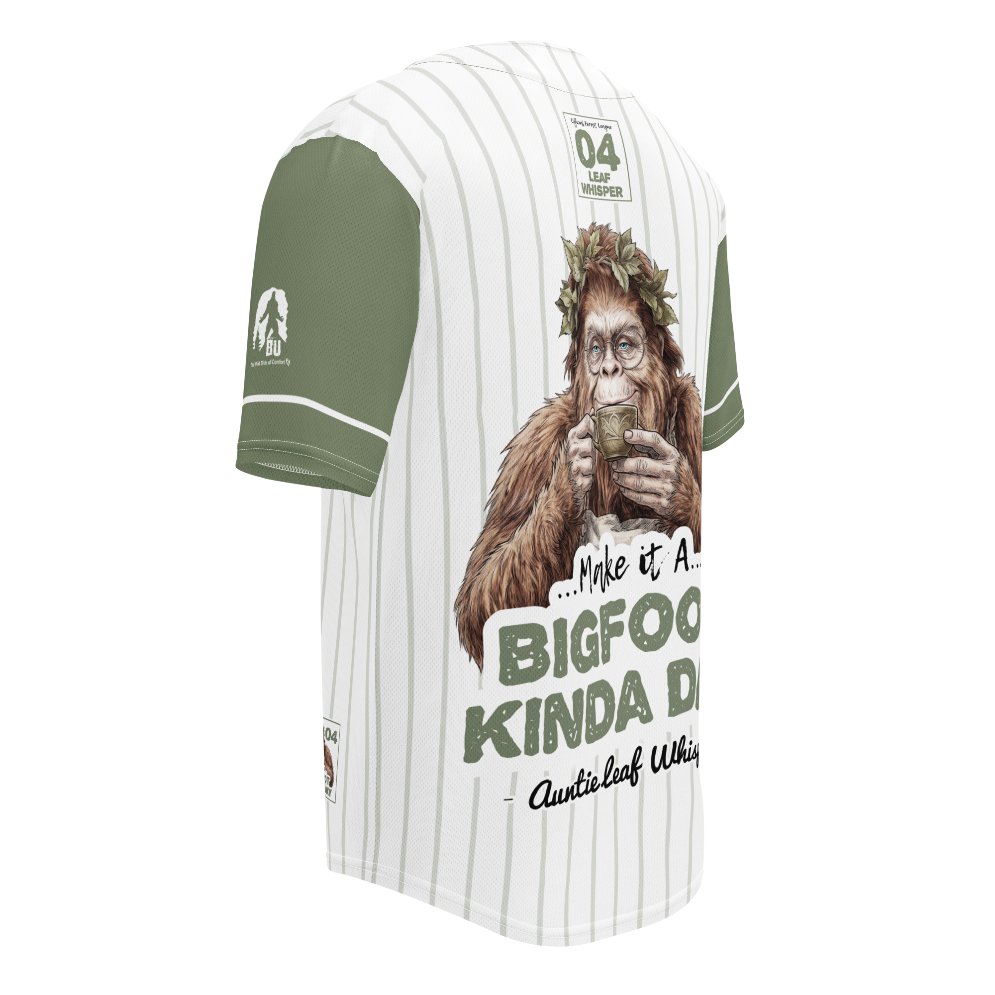 Baseball jersey with a Bigfoot graphic and text on a white background