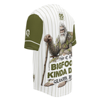 Baseball jersey with a Bigfoot graphic and text on a white background