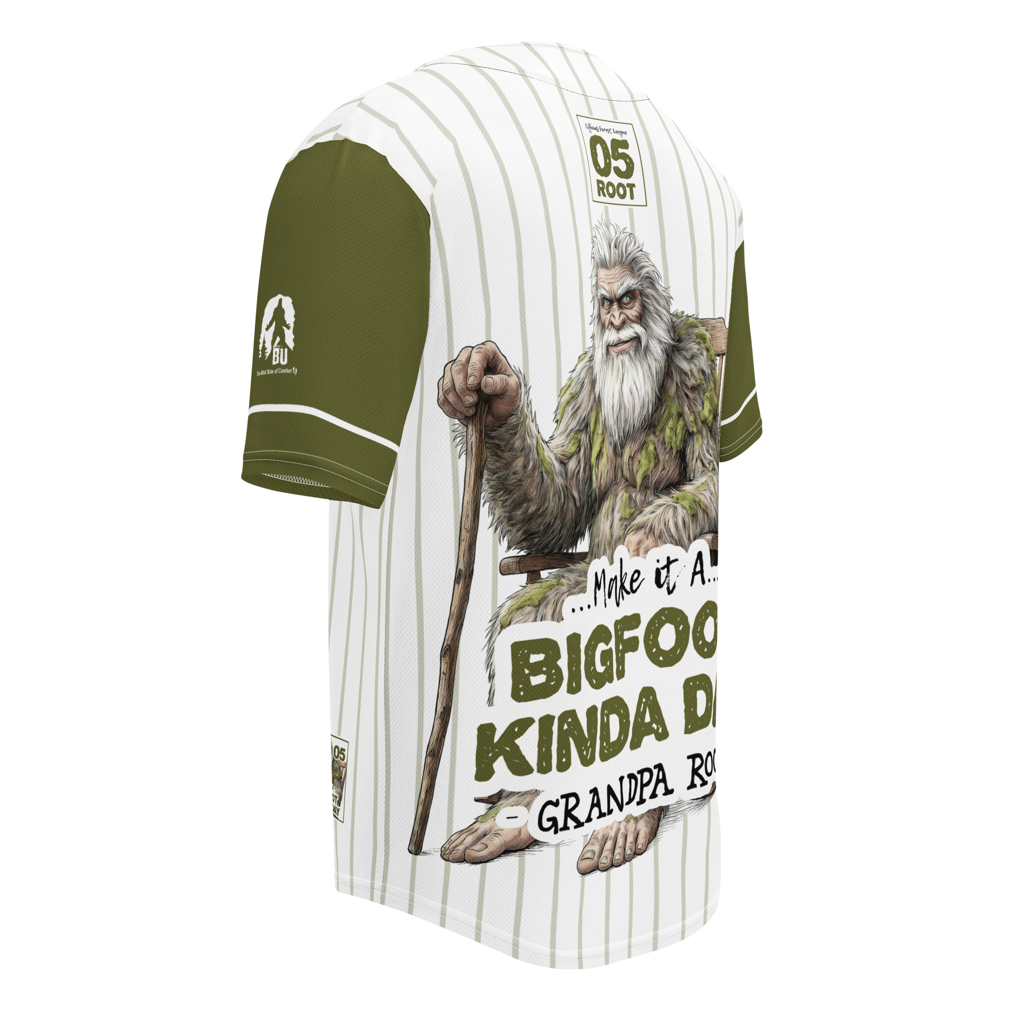 Baseball jersey with a Bigfoot graphic and text on a white background