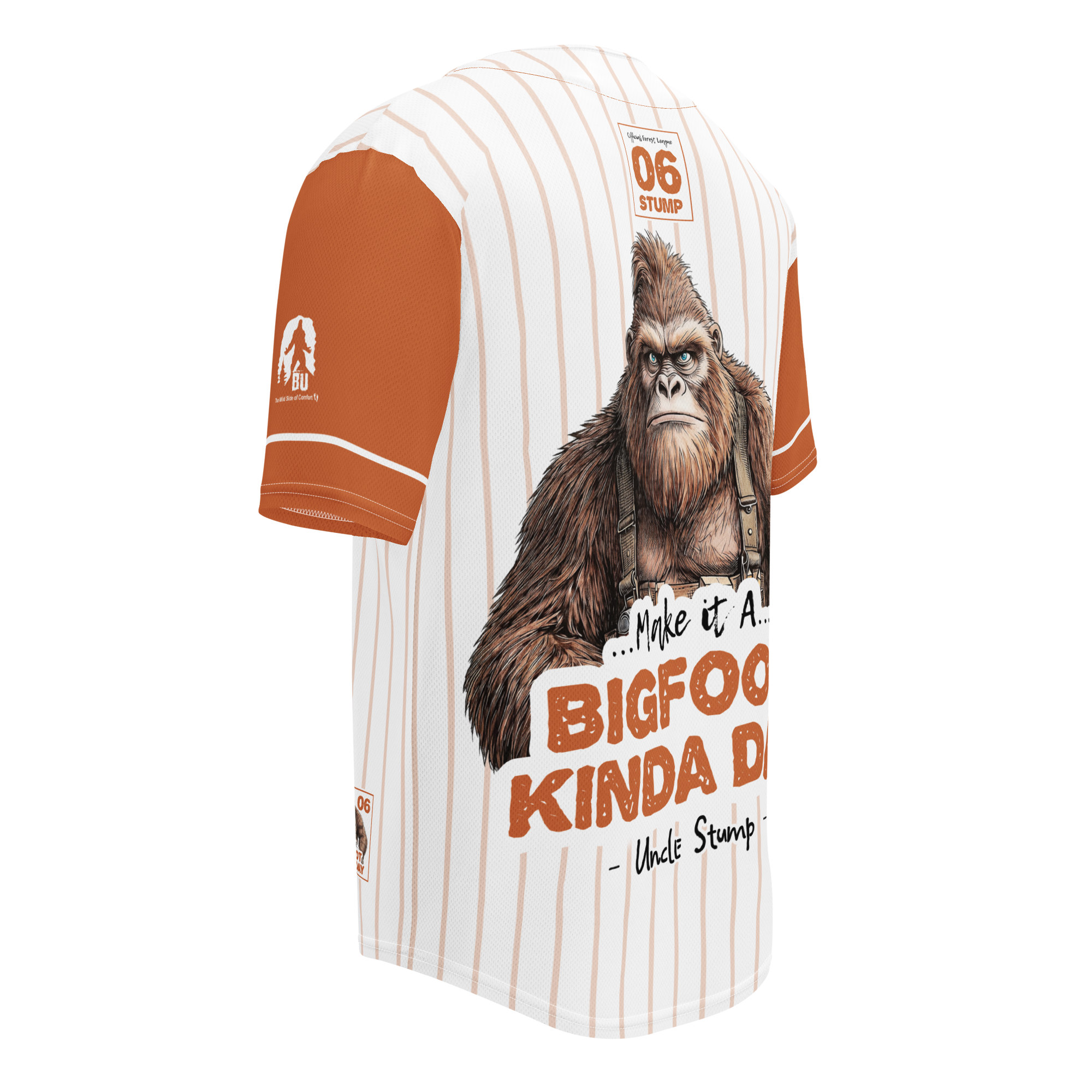 Baseball-style shirt with a Bigfoot graphic and text on a white background