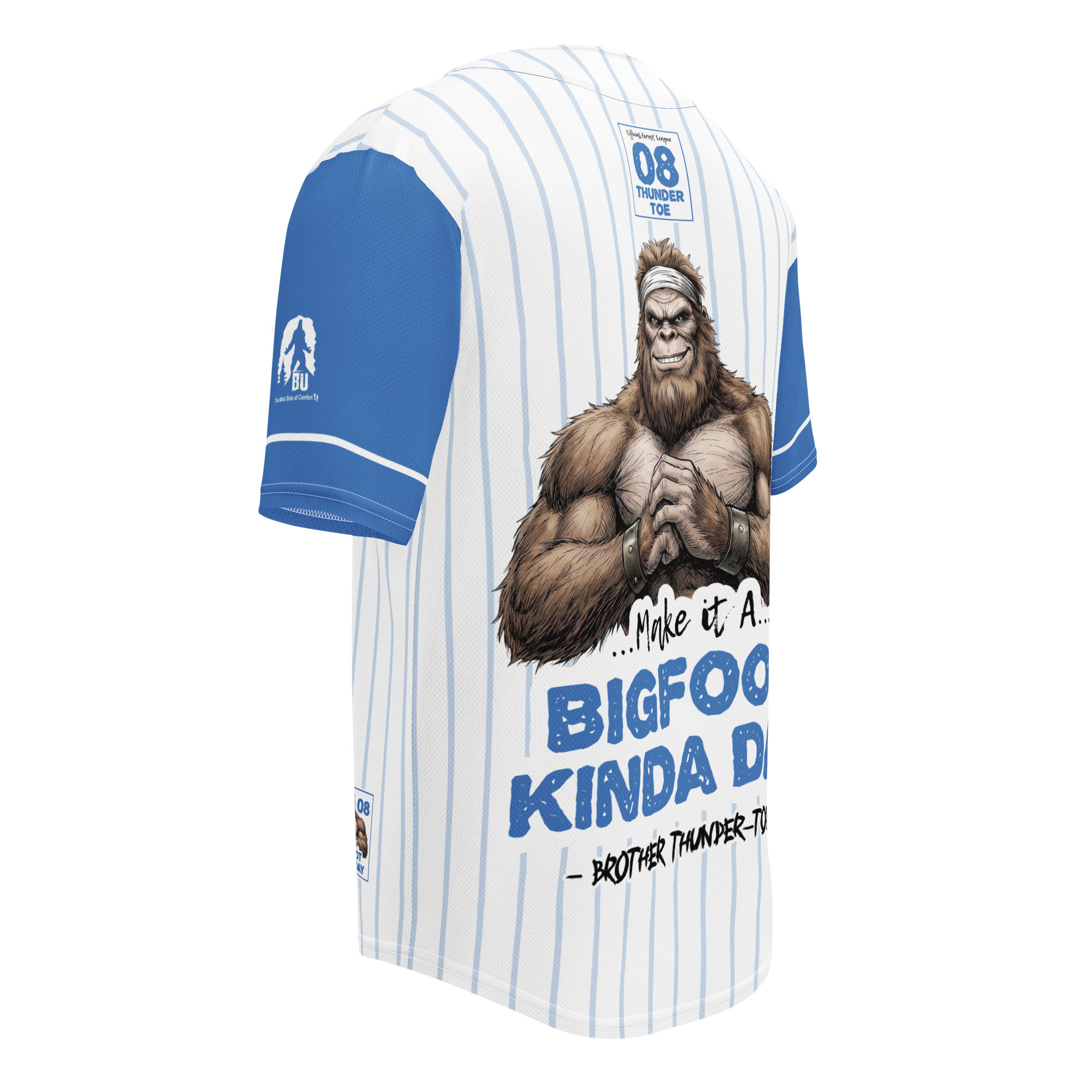 Baseball jersey with a cartoon character and text on a white background