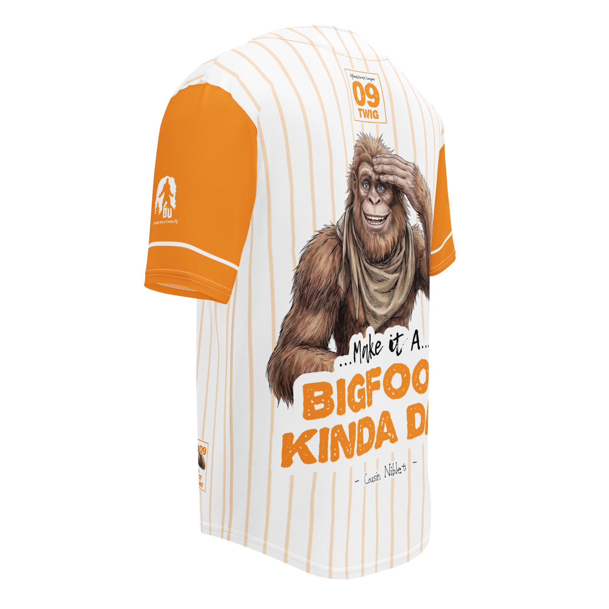 T-shirt with a cartoon bigfoot character and text on a white background
