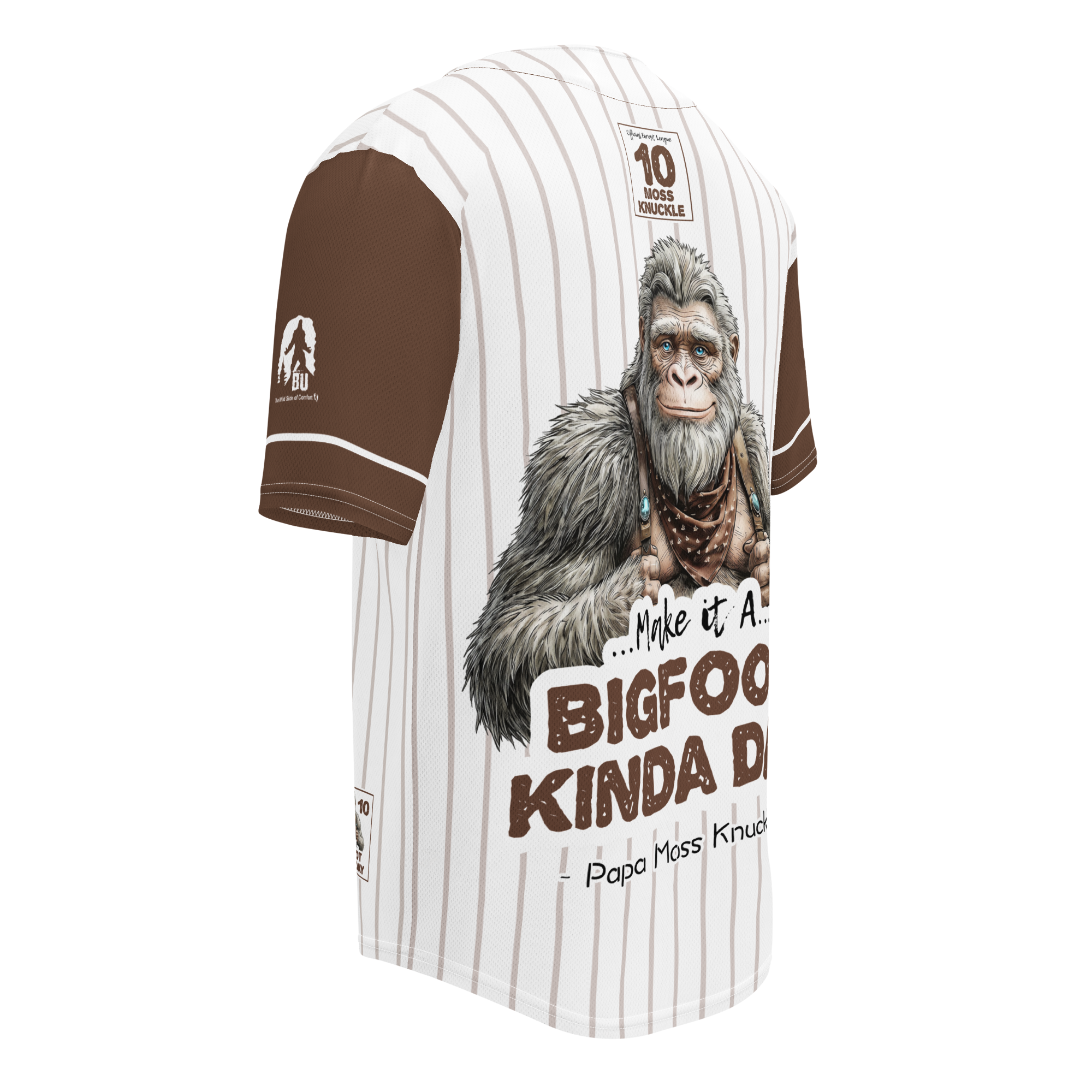 Baseball jersey with a Bigfoot graphic and text on a white background