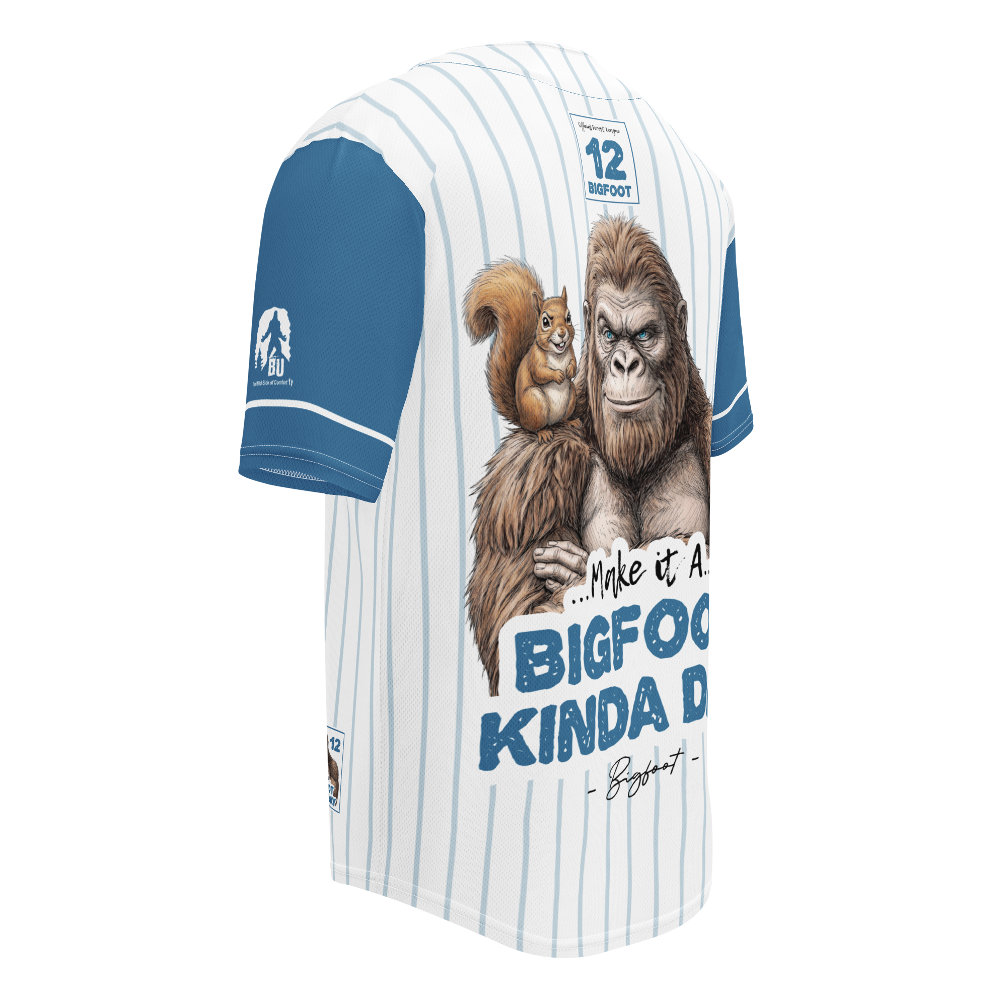 Baseball jersey with a cartoon gorilla and squirrel design on a white background