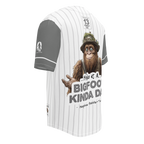 Baseball jersey with a cartoon Sasquatch character and text on a white background