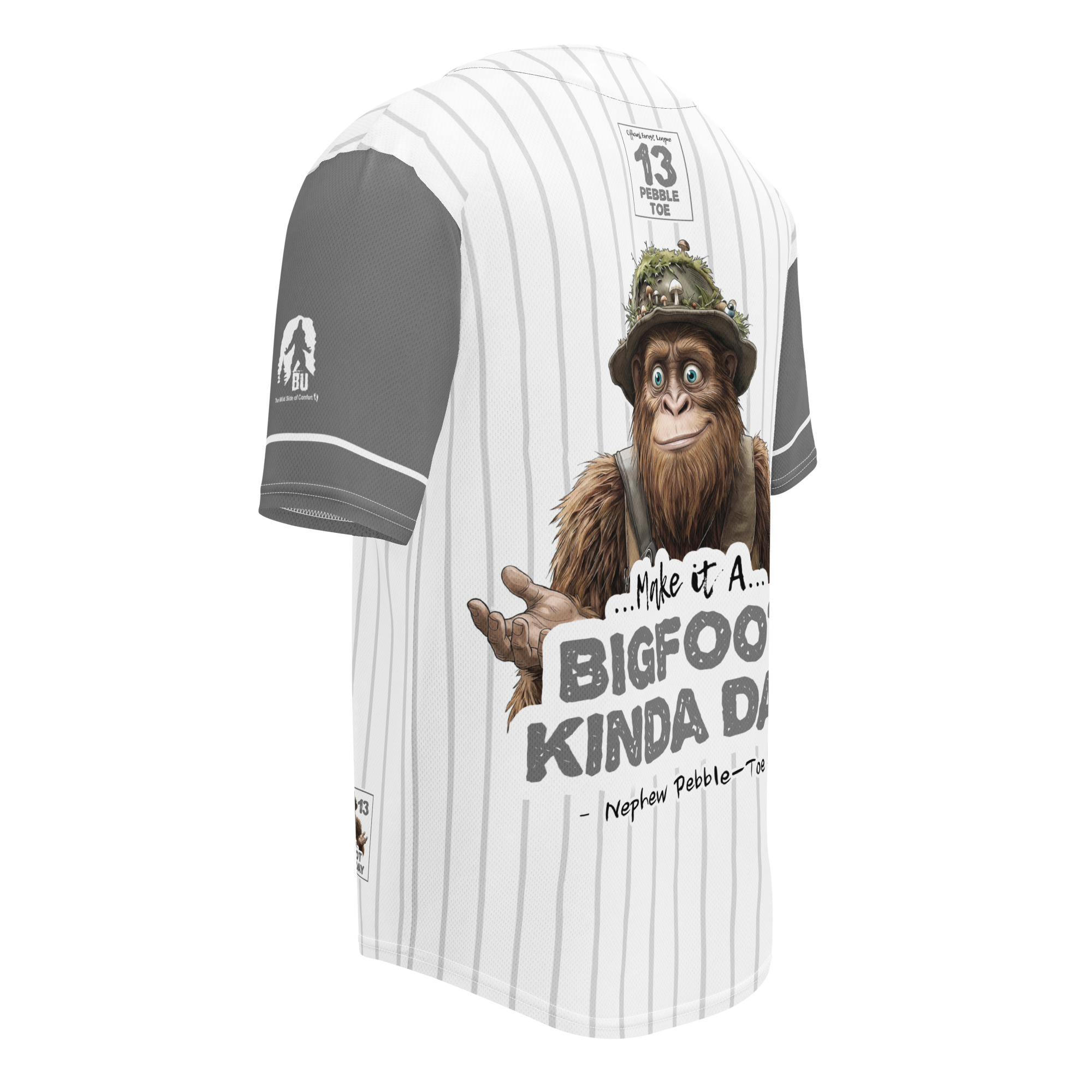Baseball jersey with a cartoon Sasquatch character and text on a white background