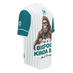 Baseball jersey with a Bigfoot graphic and text on a white background