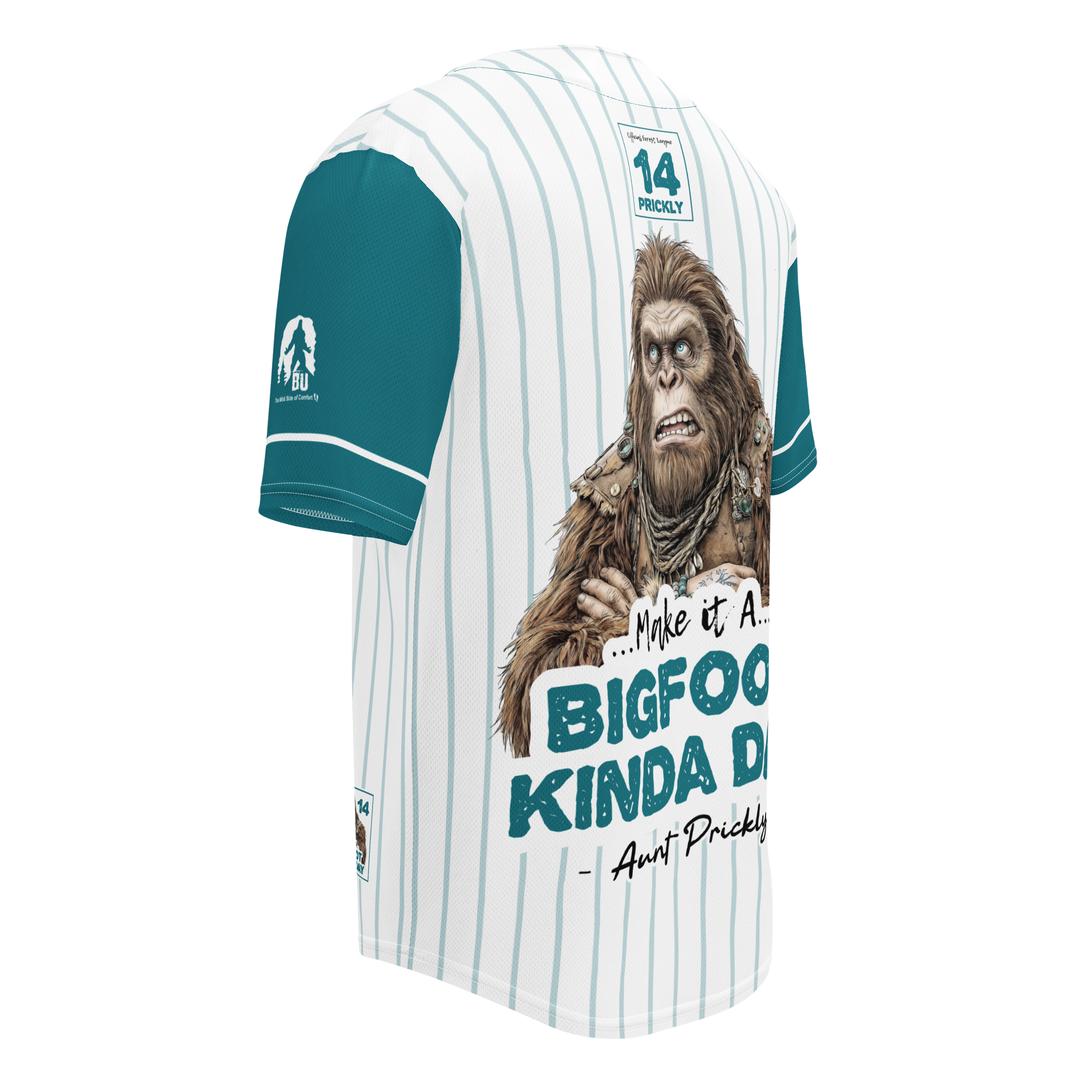 Baseball jersey with a Bigfoot graphic and text on a white background