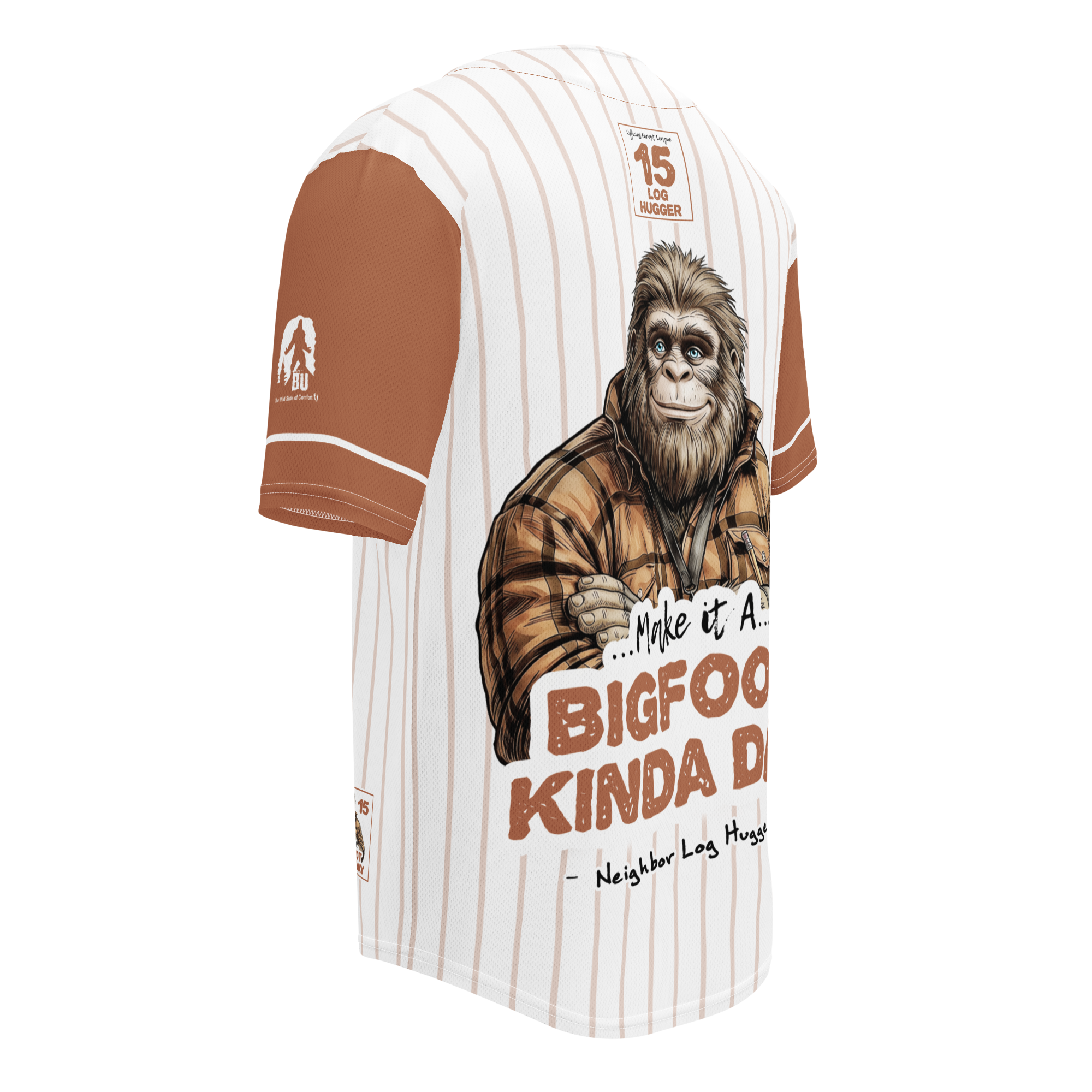 Baseball jersey with a Bigfoot graphic and text on a white background