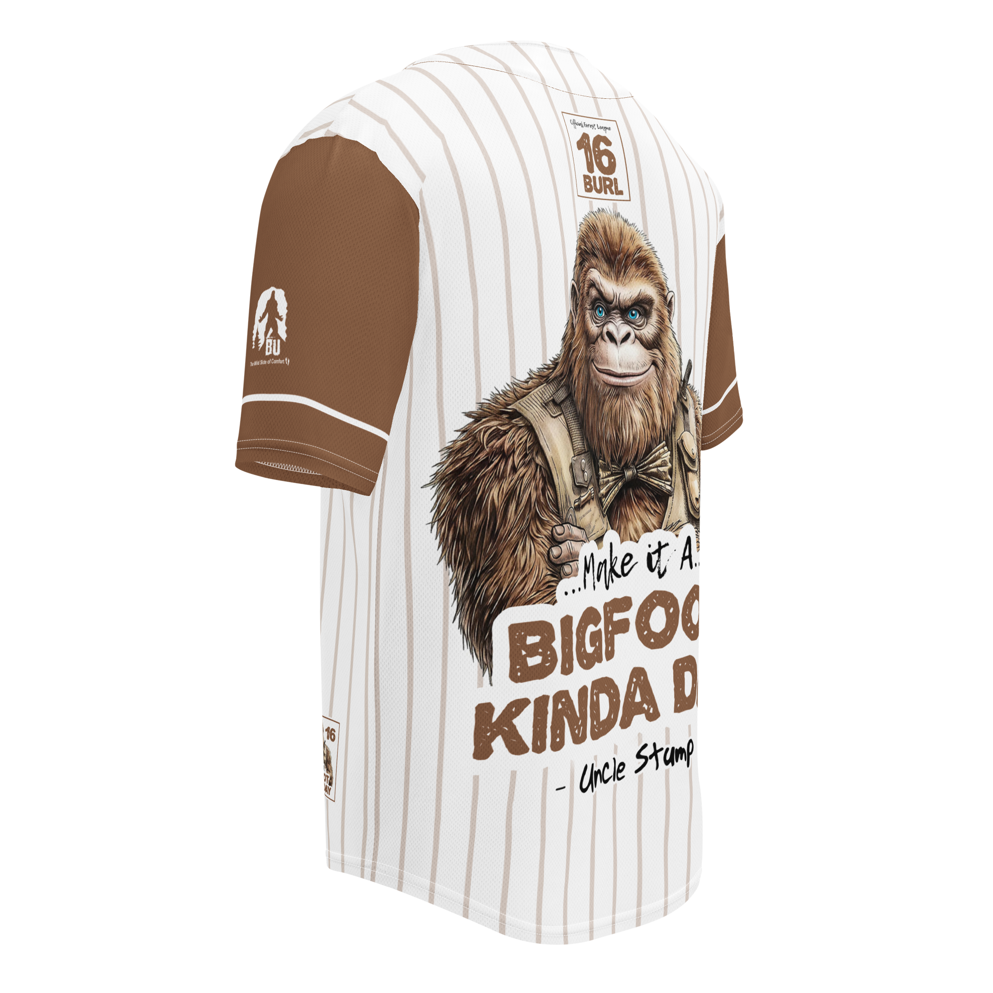 Baseball jersey with a cartoon gorilla and text on a white background
