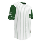 Baseball jersey with green and white design on a white background