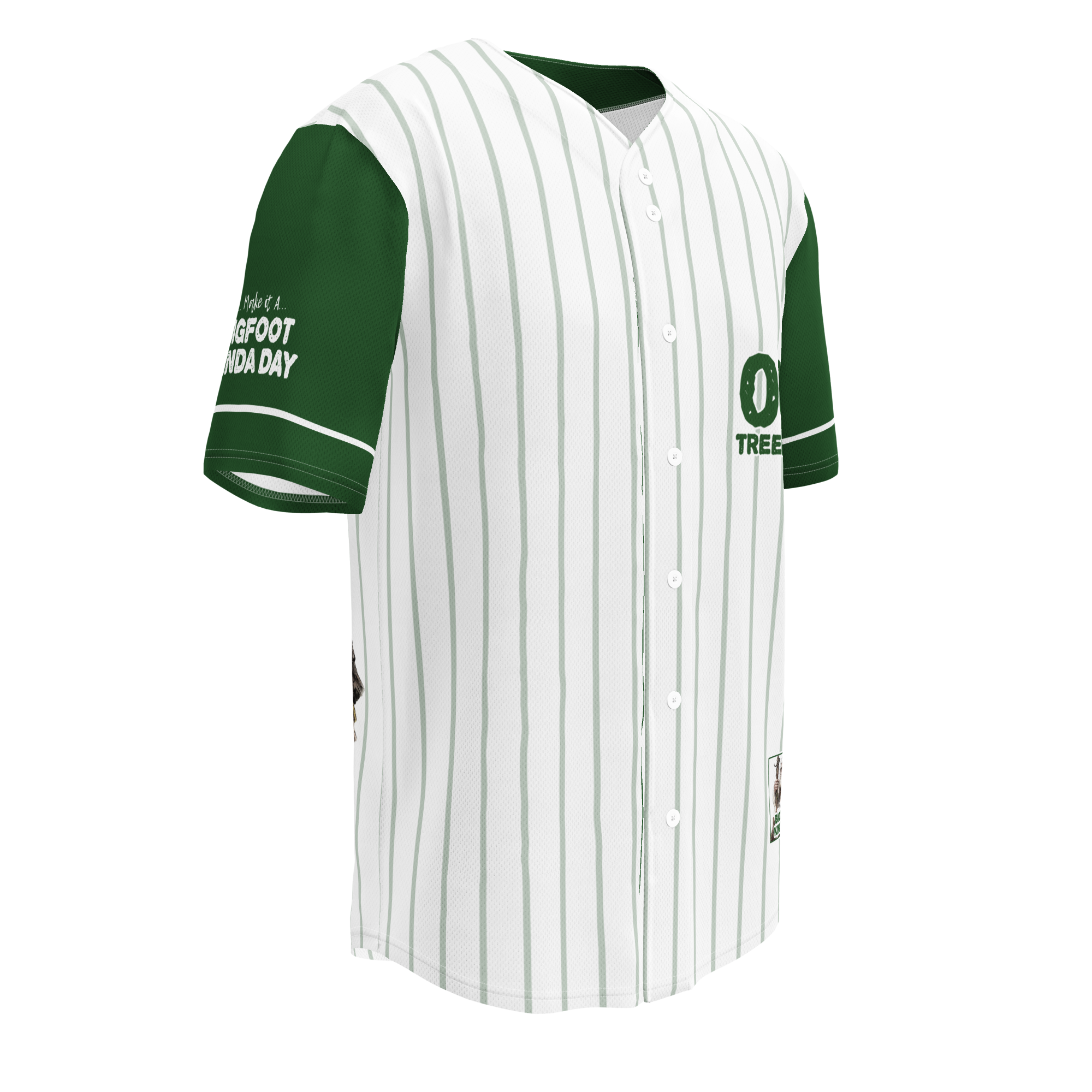 Baseball jersey with green and white design on a white background