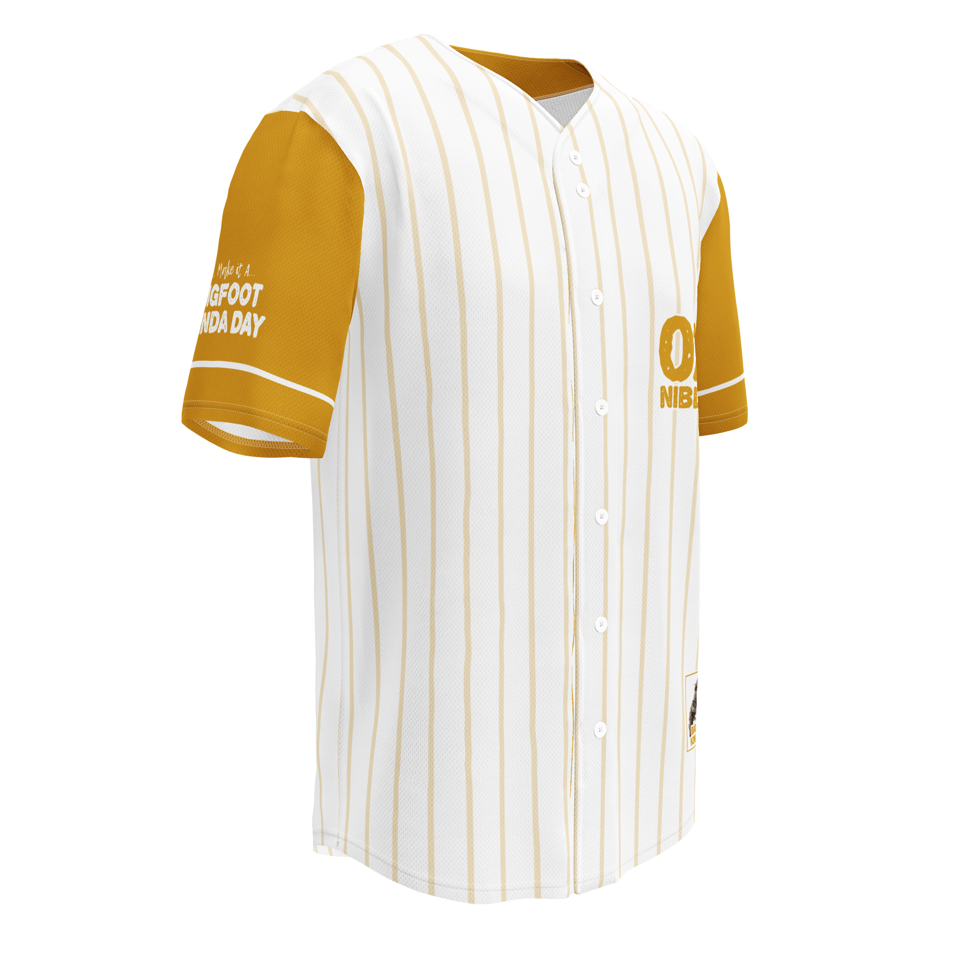 Baseball jersey with yellow and white design on a white background