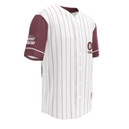 Baseball jersey with maroon and white pinstripes on a white background