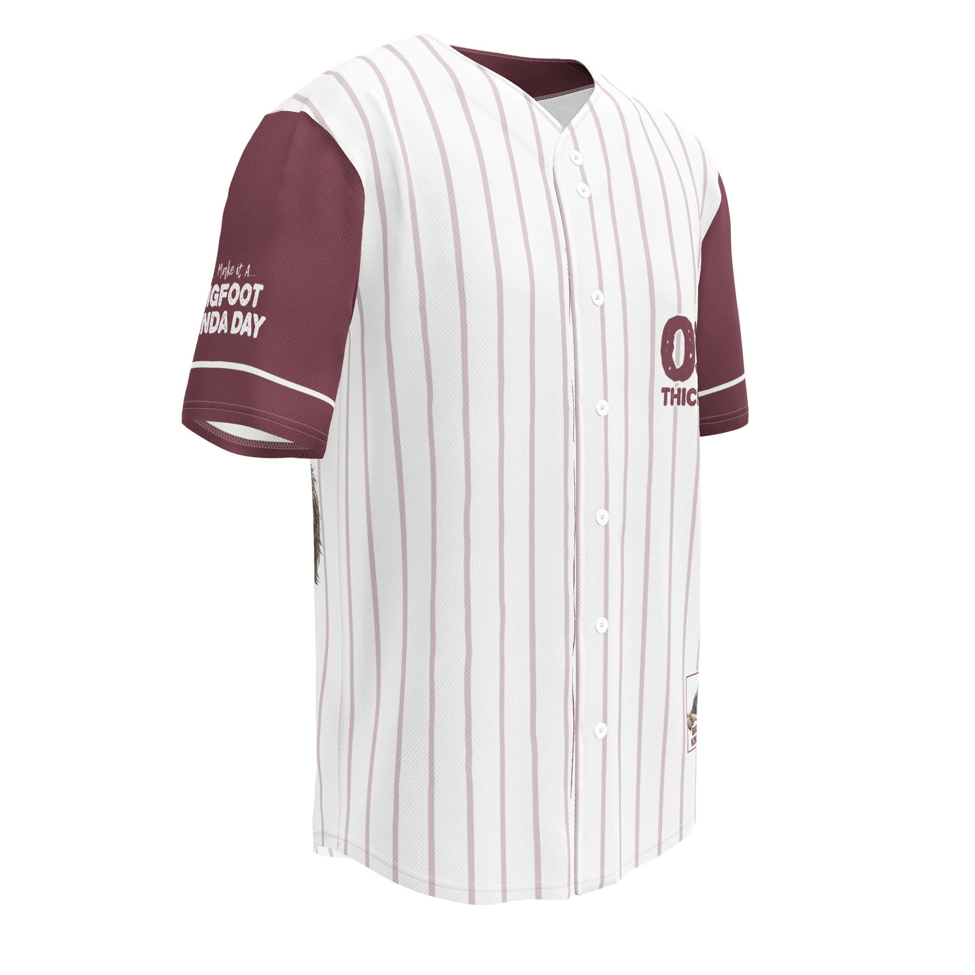 Baseball jersey with maroon and white pinstripes on a white background