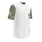 Baseball jersey with green sleeves and white body on a white background