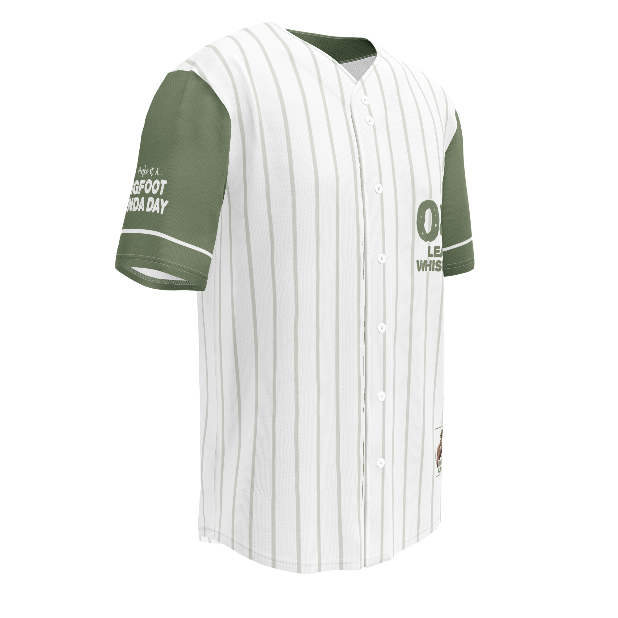 Baseball jersey with green sleeves and white body on a white background