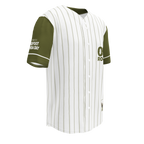 Baseball jersey with green sleeves and white body on a white background