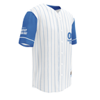 Baseball jersey with blue and white design on a white background