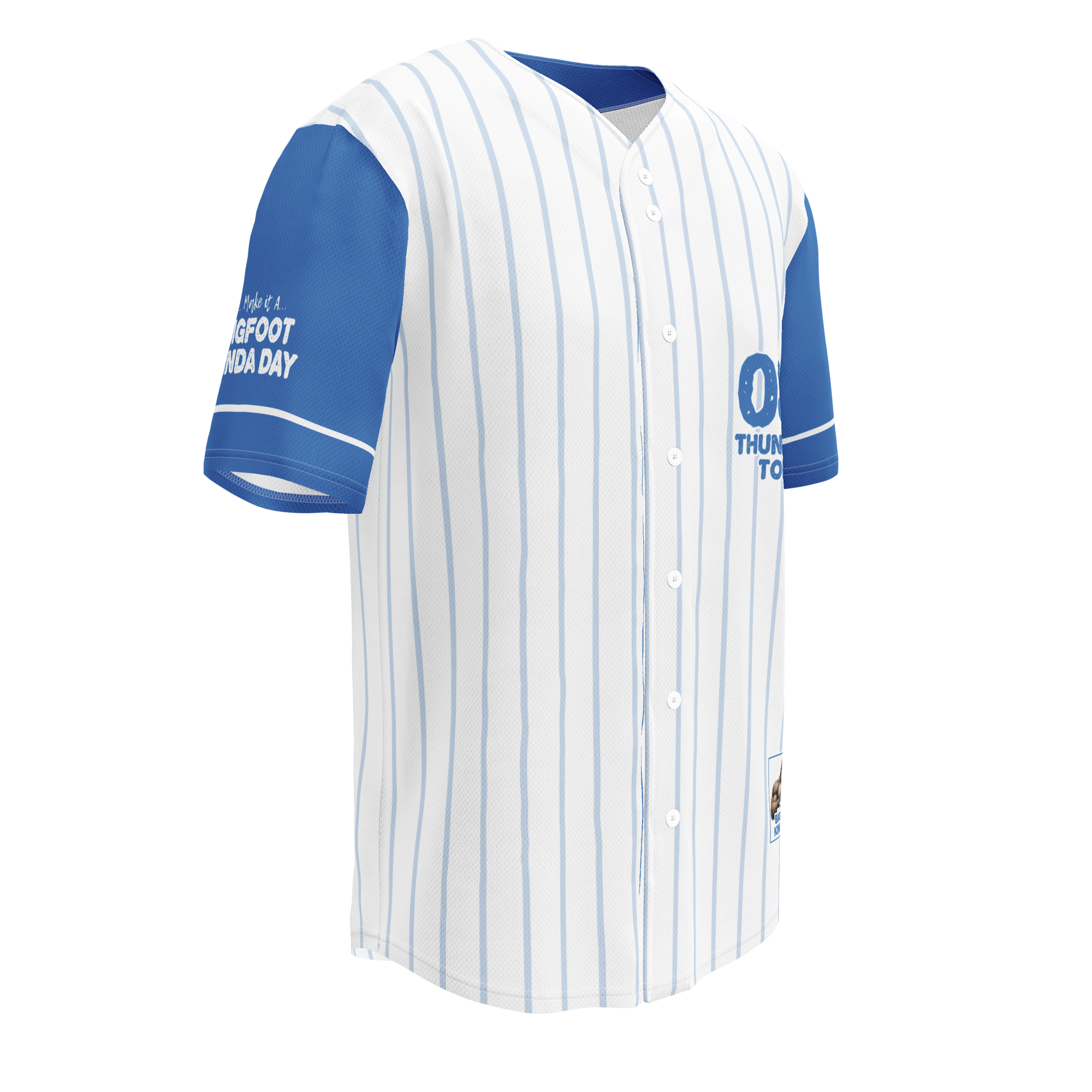 Baseball jersey with blue and white design on a white background
