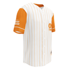 Baseball jersey with orange and white design on a white background
