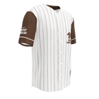 Baseball jersey with brown and white pinstripes on a white background