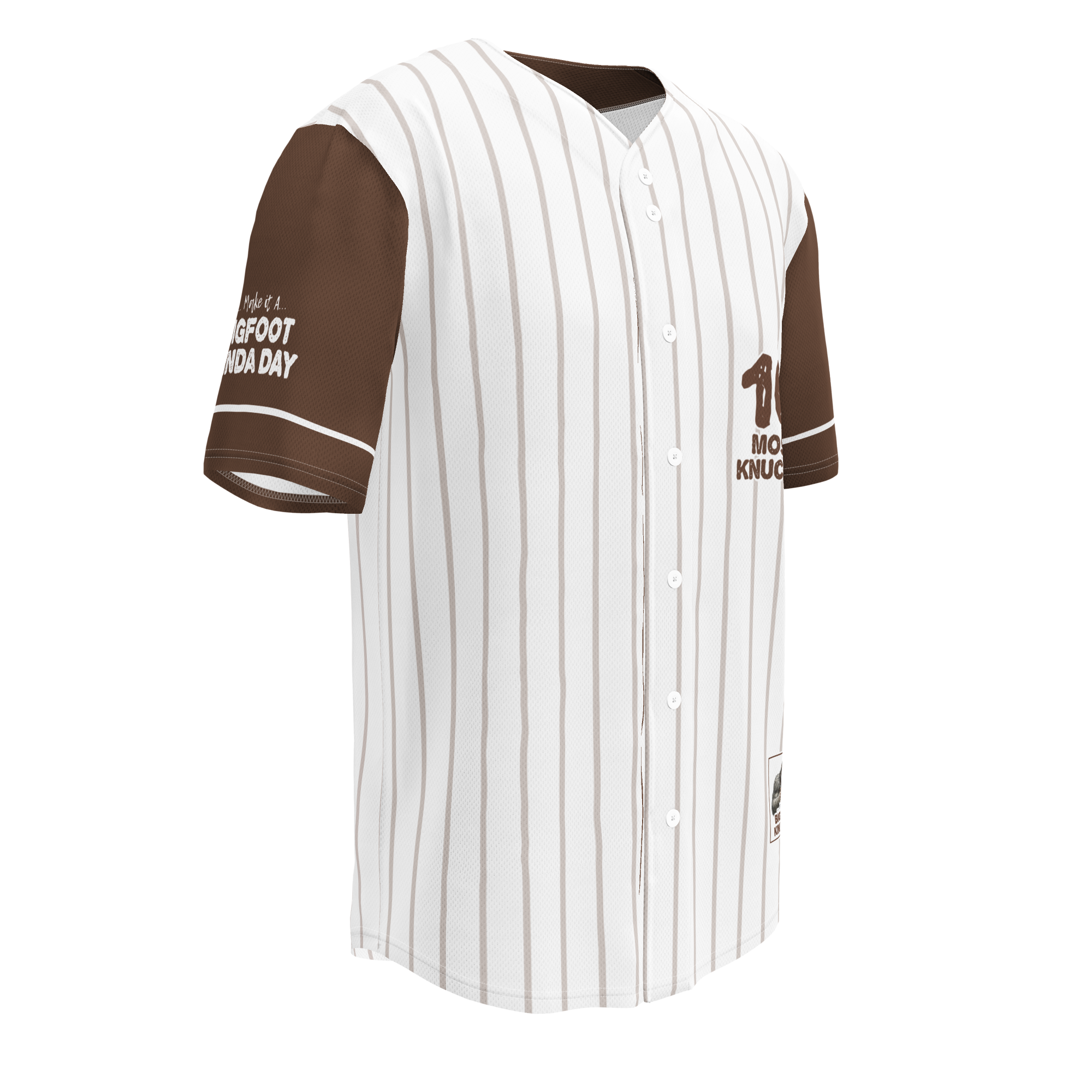 Baseball jersey with brown and white pinstripes on a white background