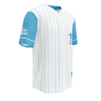 Baseball jersey with blue sleeves and white body on a white background