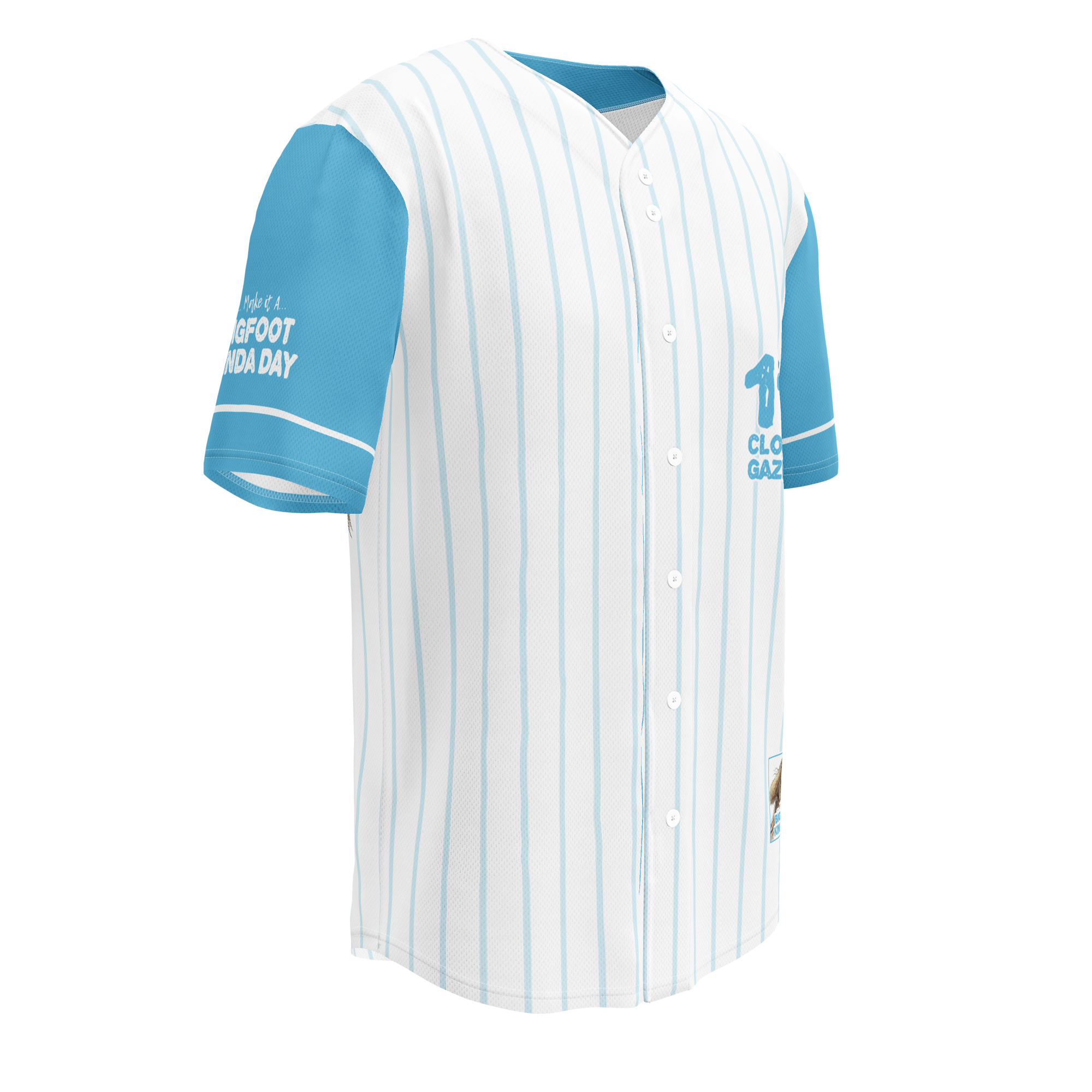 Baseball jersey with blue sleeves and white body on a white background