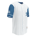 Baseball jersey with blue and white design on a white background