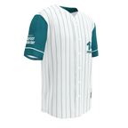 Baseball jersey with teal and white design on a white background