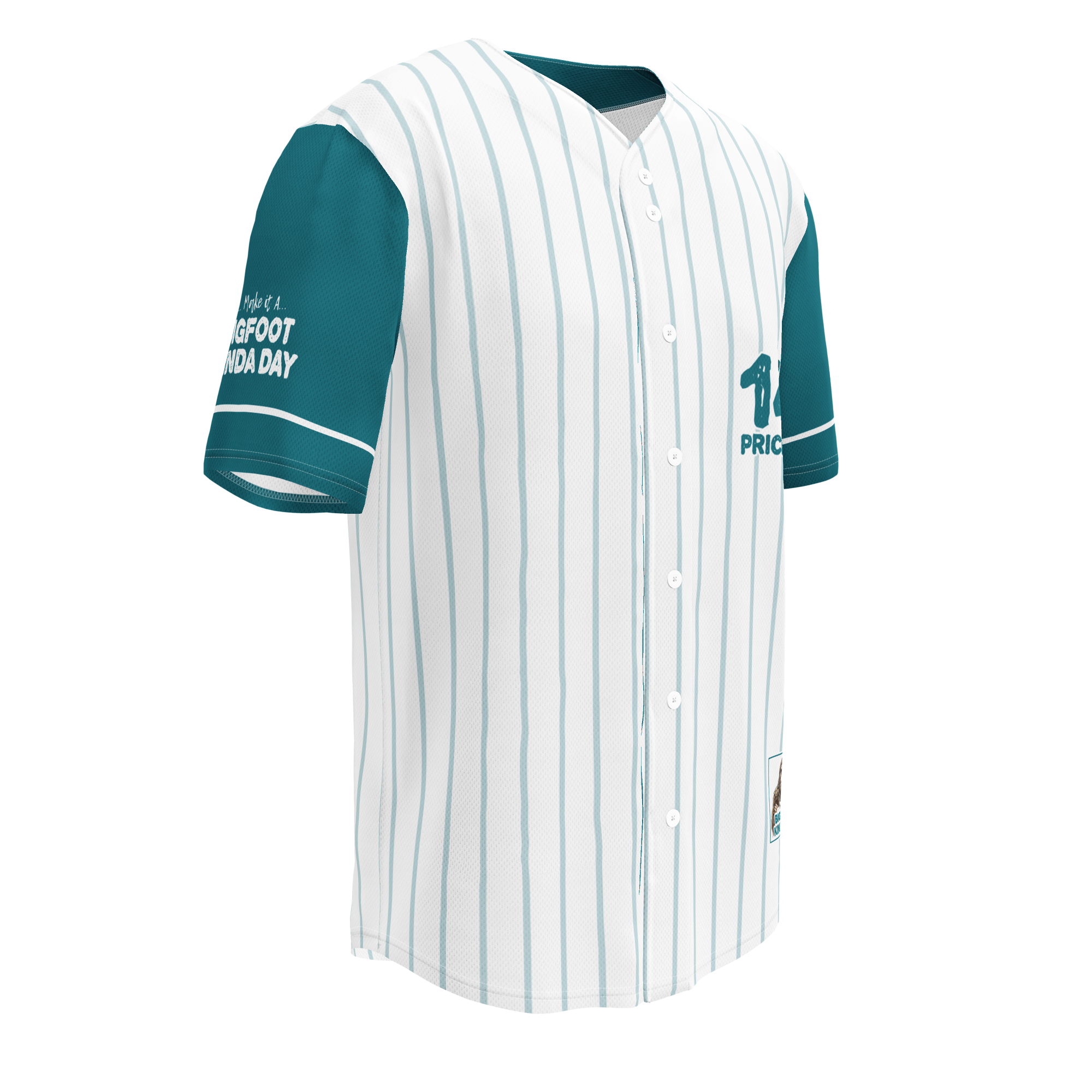 Baseball jersey with teal and white design on a white background