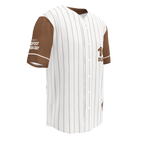 Baseball jersey with brown and white striped design on a white background