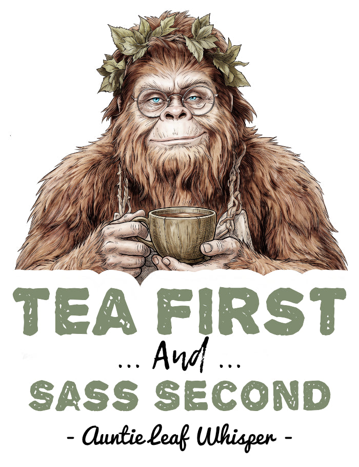 A banner graphic design featuring a detailed illustration of a female bigfoot holding a teacup, with the text 'TEA FIRST and SASS SECOND'