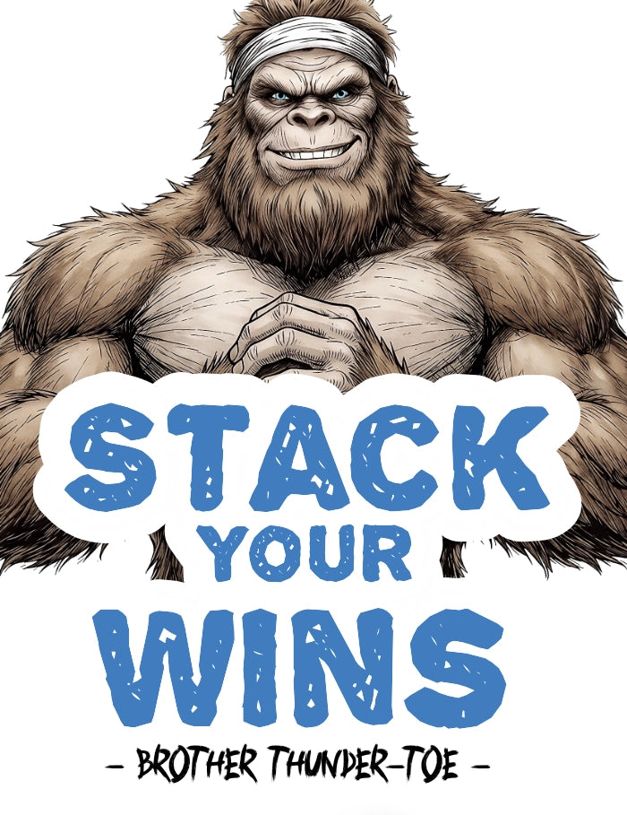 A graphic banner with the text 'STACK YOUR WINS' in large blue letters next to an illustrated muscular ape character wearing a headband, with the text '- BROTHER THUNDER-TOE -' on a white background.