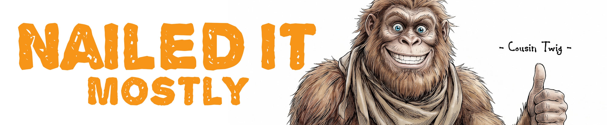 A graphic banner featuring the text 'NAILED IT MOSTLY' in distressed orange lettering on the left, and an illustration of a smiling Bigfoot giving a thumbs-up on the right, with the text '- Cousin Twig -' next to him.