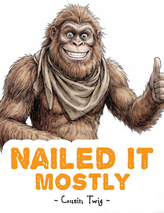 A graphic banner featuring the text 'NAILED IT MOSTLY' in distressed orange lettering on the left, and an illustration of a smiling Bigfoot giving a thumbs-up on the right, with the text '- Cousin Twig -' next to him.