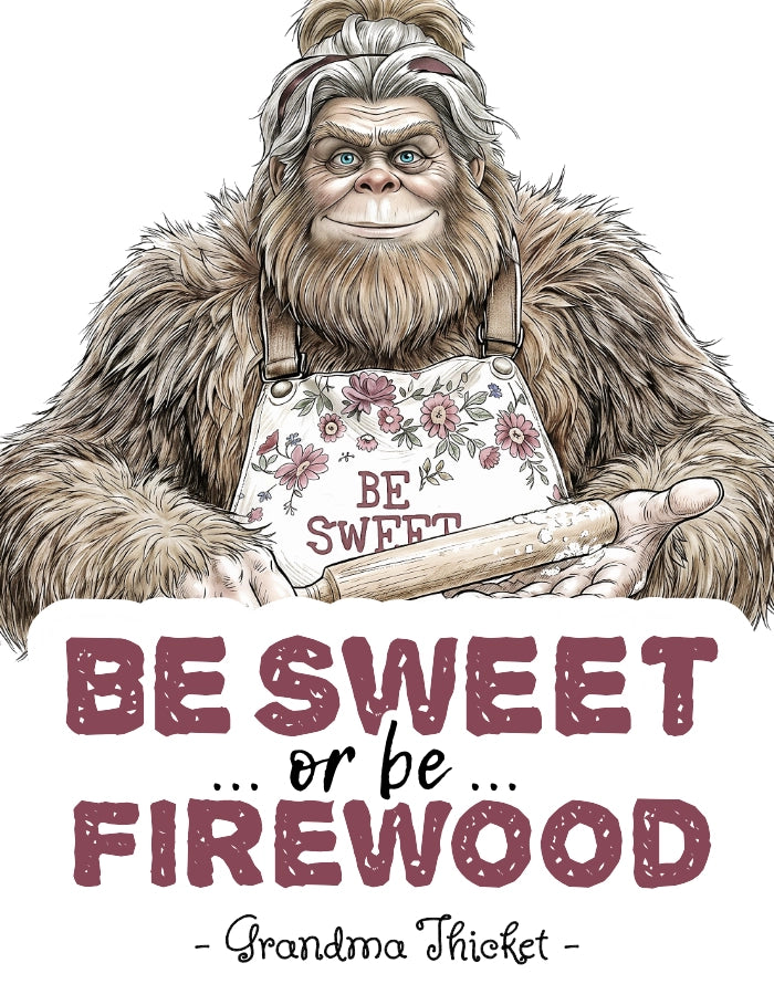 An Illustrated banner featuring a older female Bigfoot wearing an apron that says “BE SWEET,” holding a rolling pin, with large text reading “BE SWEET.