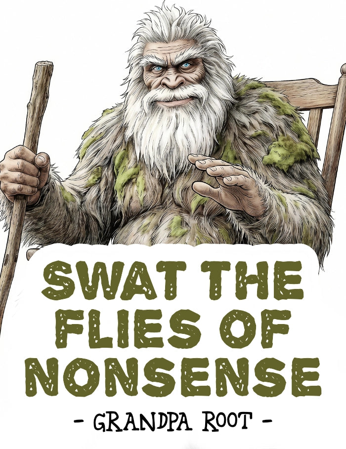 An Illustrated banner of an elderly bearded male Bigfoot with white hair sitting in a wooden chair, holding a staff, with the text 'SWAT THE FLIES OF NONSENSE - GRANDPA ROOT -' below him on a white background.