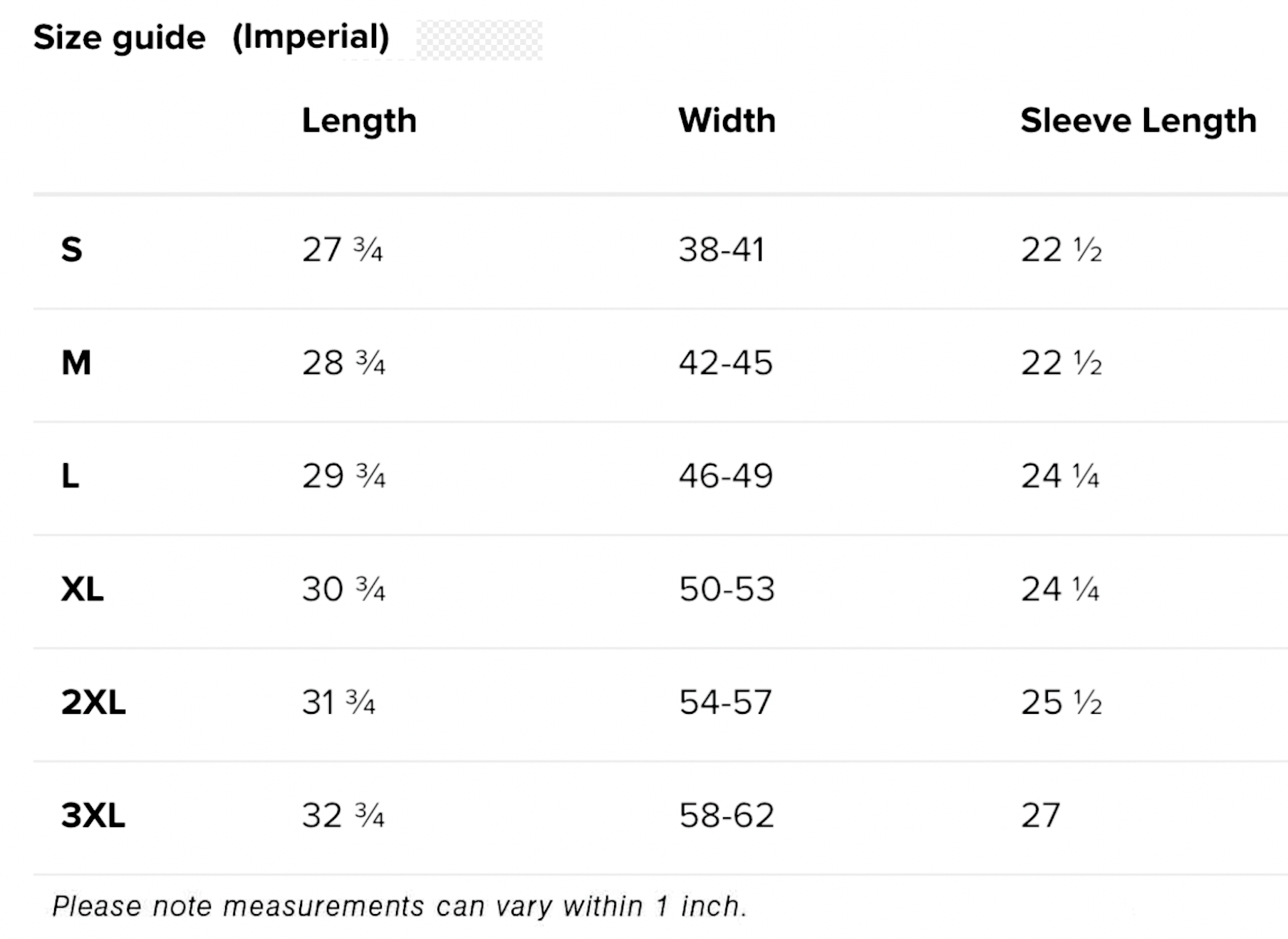 Size Chart for Oversized Hoodies