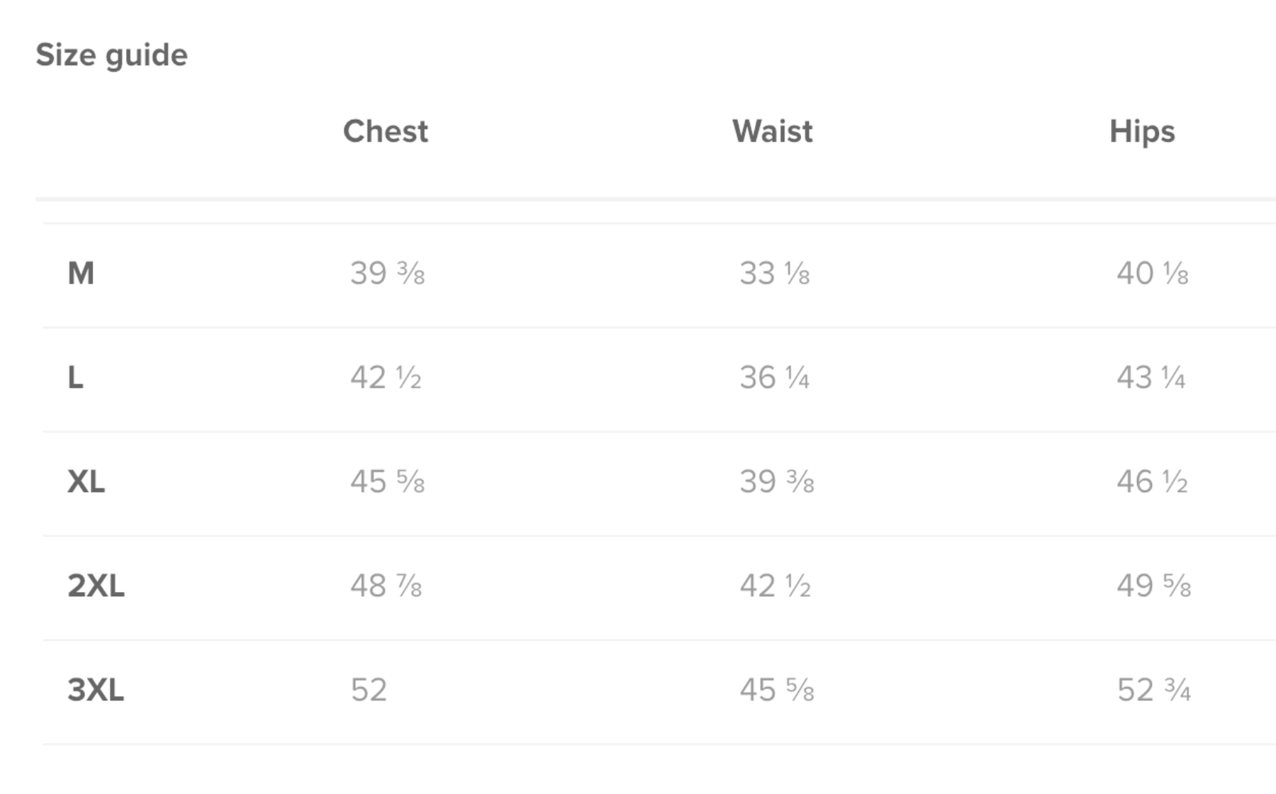 Size guide chart for chest, waist, and hips with measurements in percentages.