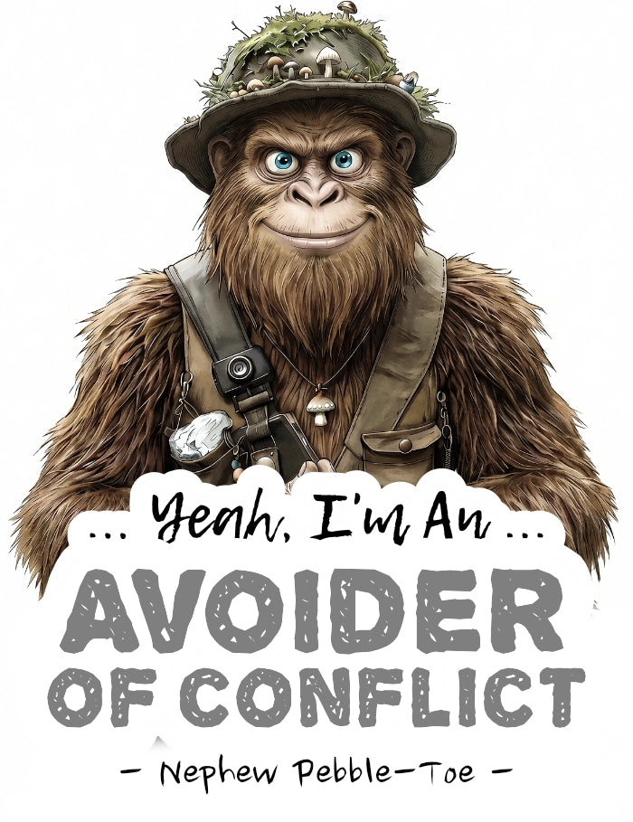 A banner graphic with a young male Bigfoot with large text below reading 'Yeah, I'm An AVOIDER OF CONFLICT' and smaller text 'Nephew Pebble-Toe'. The artwork is on a plain white background.