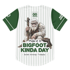 Baseball jersey with a Bigfoot graphic and text on a white background