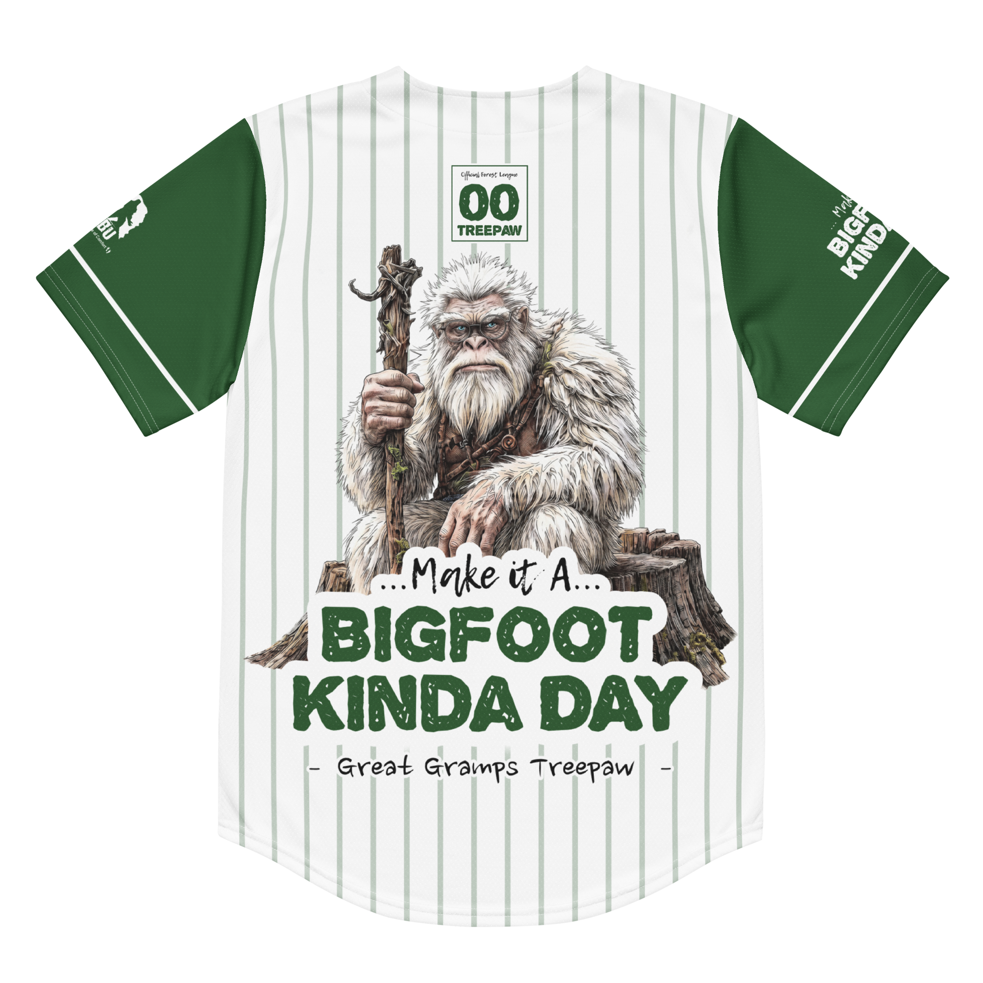 Baseball jersey with a Bigfoot graphic and text on a white background