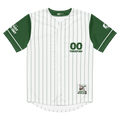 Baseball jersey with green and white design on a white background