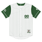 Baseball jersey with green and white design on a white background